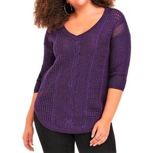 Torrid V Neck Sweater Tunic Metallic Purple Cable 3D Knit WooL Blend 4X